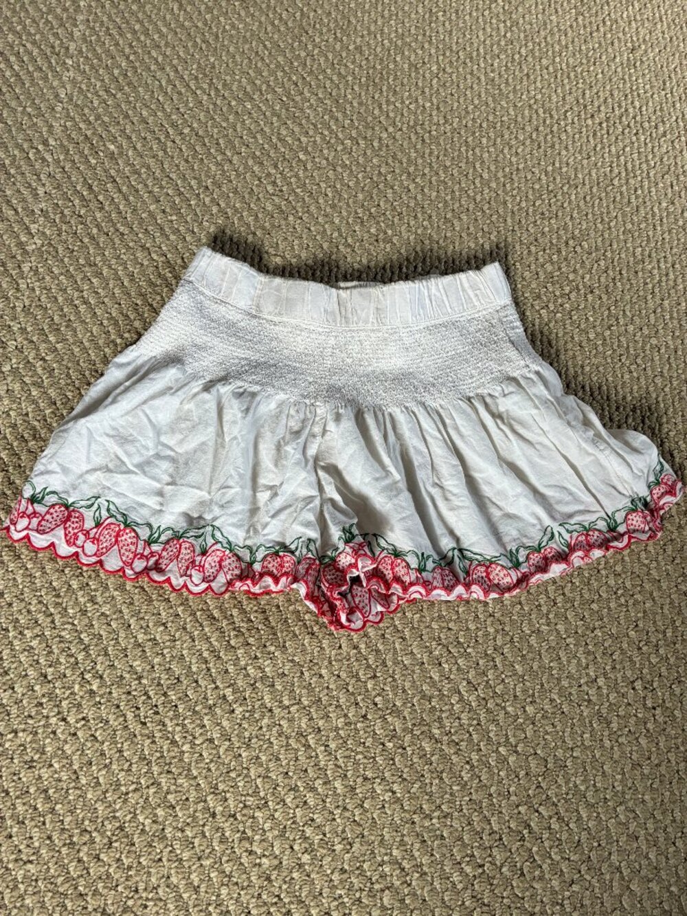 Joie White Smocked Waist Shorts with Red & Green Embroidered Strawberry Trim S